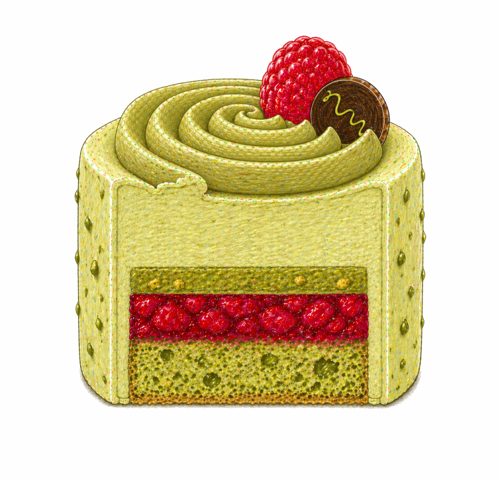 Pistachio Cake s pistáciovým krémem, praliné a malinovým compoté – NM DESSERTS