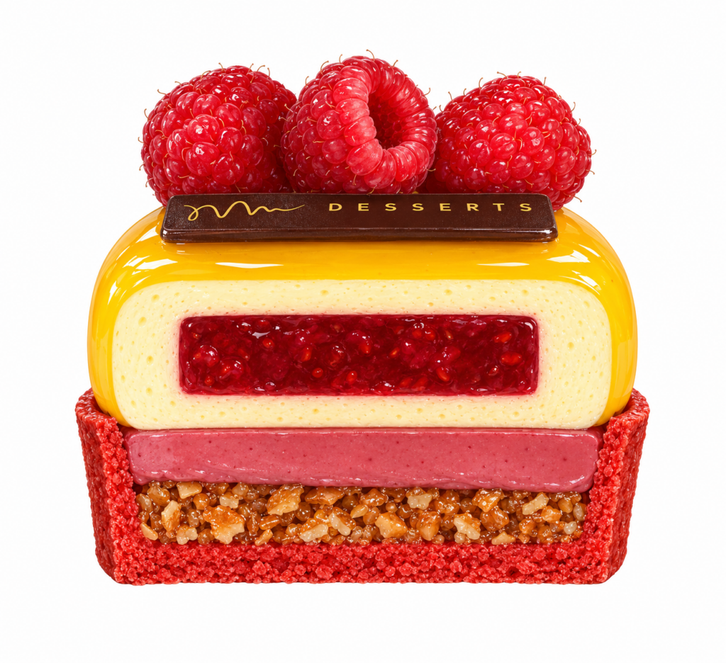 Tartaletka Malina s malinami, maracujovým mousse a křupavými mandlemi – NM DESSERTS